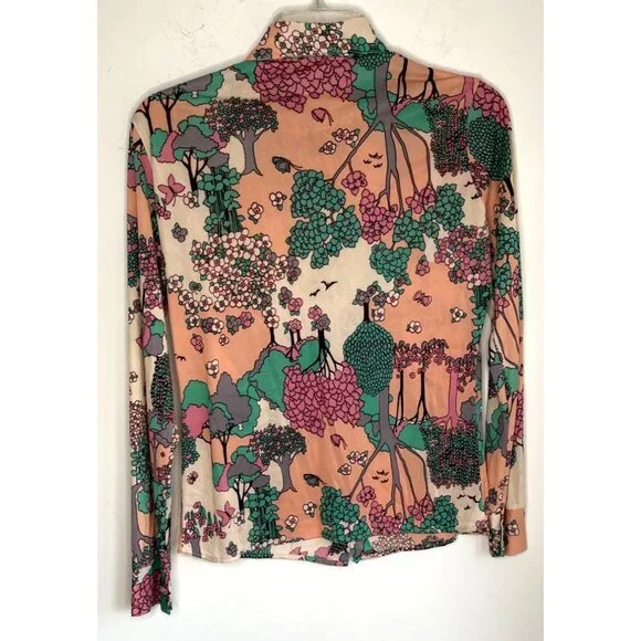 Vintage 70s Disco Long Sleeve Shirt Size M Psychedelic Trees Nature Butterfly